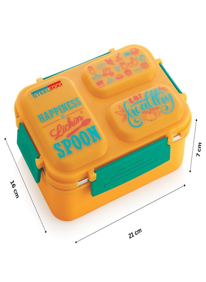 STEELLOCK SmartMeal 3 Compartment Stainless Steel Insulated Lunch Box for Kids & Adults with Spoon | Leak-Proof Tiffin with Silicone Gasket Lid | Bento Box for School, Boys, Girls & Office 600 ML - Yellow - Image 5